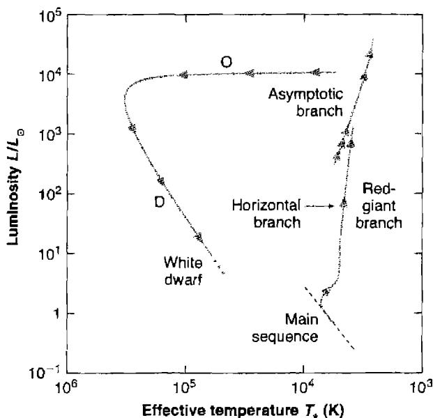 Figure 10.5. Schematic luminosity–effective temperature diagram showing the evolution of an approximately solar-mass star through the main sequence, red-giant, asymptotic-giant branch, and planetary-nebula nucleus stages, to the final white-dwarf cooling line.