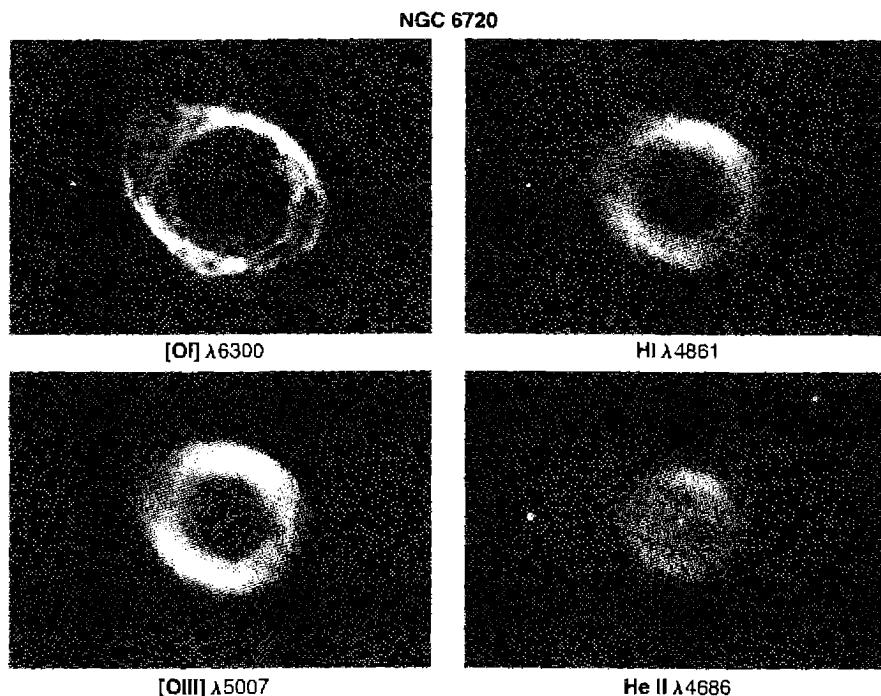 Figure 10.9. This diagram shows images of NGC 6720, the Ring Nebula, in the light of four ions. The He^++-He^+ ionization front occurs at the outer edge of the λ 4686 image. Lower-ionization-potential species such as O^++ occur outside this region, accounting for the ring-like appearance in the [O III] λ 5007 image. The [O I] λ 6300 line forms near the H^+-H^0 ionization front, due to rapid charge transfer between H and O, so the λ 6300 image marks the outer edge of the H^+…