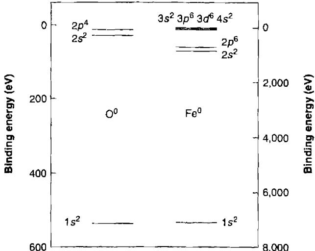 Figure 11.1. Inner shell structures of atomic O^0 (left) and Fe^0 (right). The M ( n = 3 ) shell contains 3s^2, 3p^6, 3d^6 , and so is not fully filled. The N shell contains 4s^2 . The outer subshells merge at the energy resolution of this plot. Note the energy scales are different on the two sides of the diagram, and are measured downward from the ionization potential of a single 1s electron in each neutral atom.
