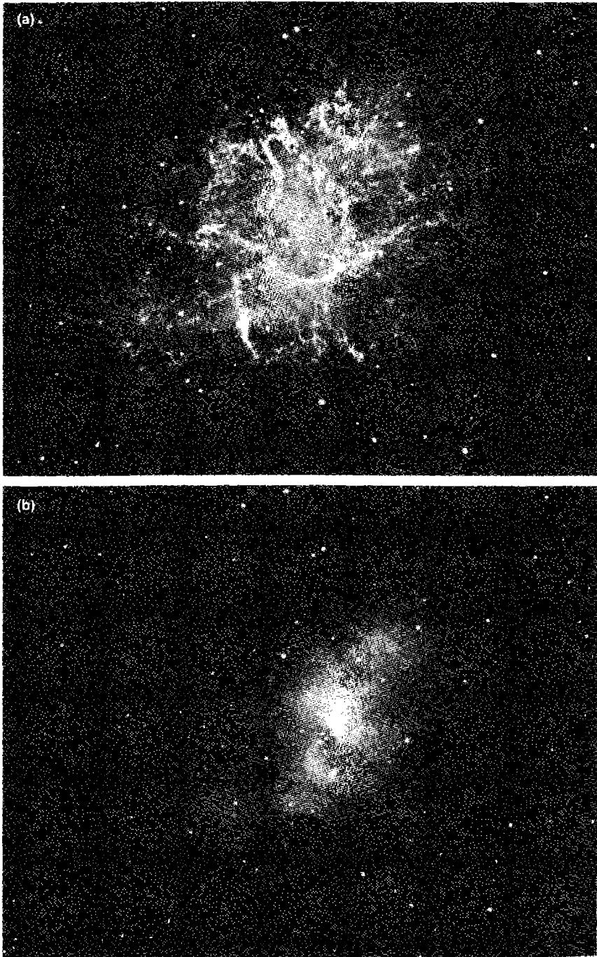 Figure 12.2. GC 1952 (Crab Nebula). Both photos were taken with the Shane 3-m reflector. The upper photo (a) was taken with a red filter-plate combination transmitting chiefly Hα , [N II] . The lower photo (b) was taken with a yellow filter-plate combination transmitting chiefly continuum radiation. (©UC Regents/Lick Observatory)