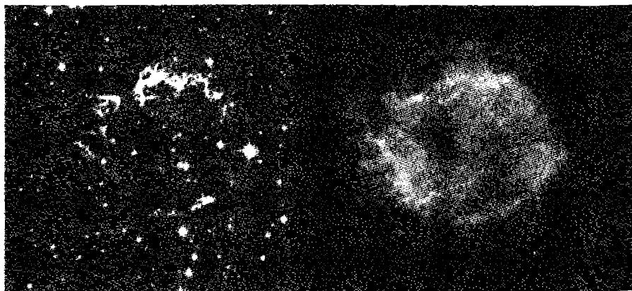 Figure 12.5. Cas A in the optical (left) and X-ray. The optical image was taken in the light of Hα + [N II] . The X-ray image is a composite of images taken in the energy range 0.3 to 10 keV. The optical image is heavily obscured by intervening interstellar matter. X-rays penetrate through the gas and dust much more easily, so this image shows the full nebula. The remnant has an apparent radius of 2' , which corresponds to a radius of 1.7 pc for an assumed distance of 3.4…