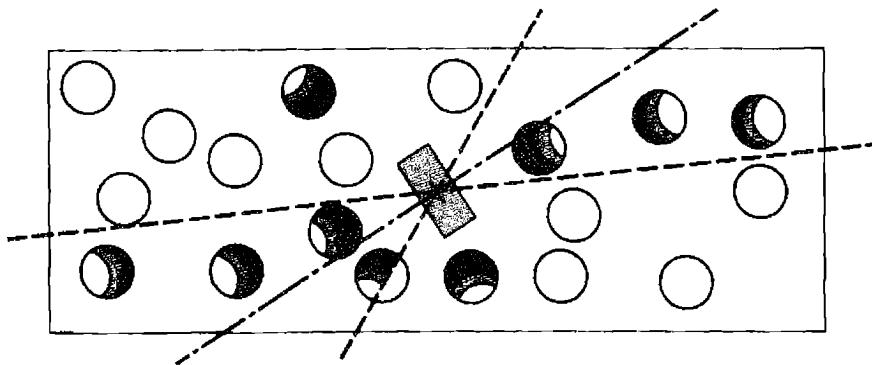 Figure 14.14. Schematic AGN model, showing tipped broad-line disk in larger narrow-line disk, with cloud structure indicated schematically as spheres. The ionizing photons mostly escape through the broad-line disk in the cone around its axis, but a few routes for escape also may exist even near its equators. Highest degree of ionization, indicated by darkest shading, occurs only in clouds nearest the central source (for uniform density clouds).