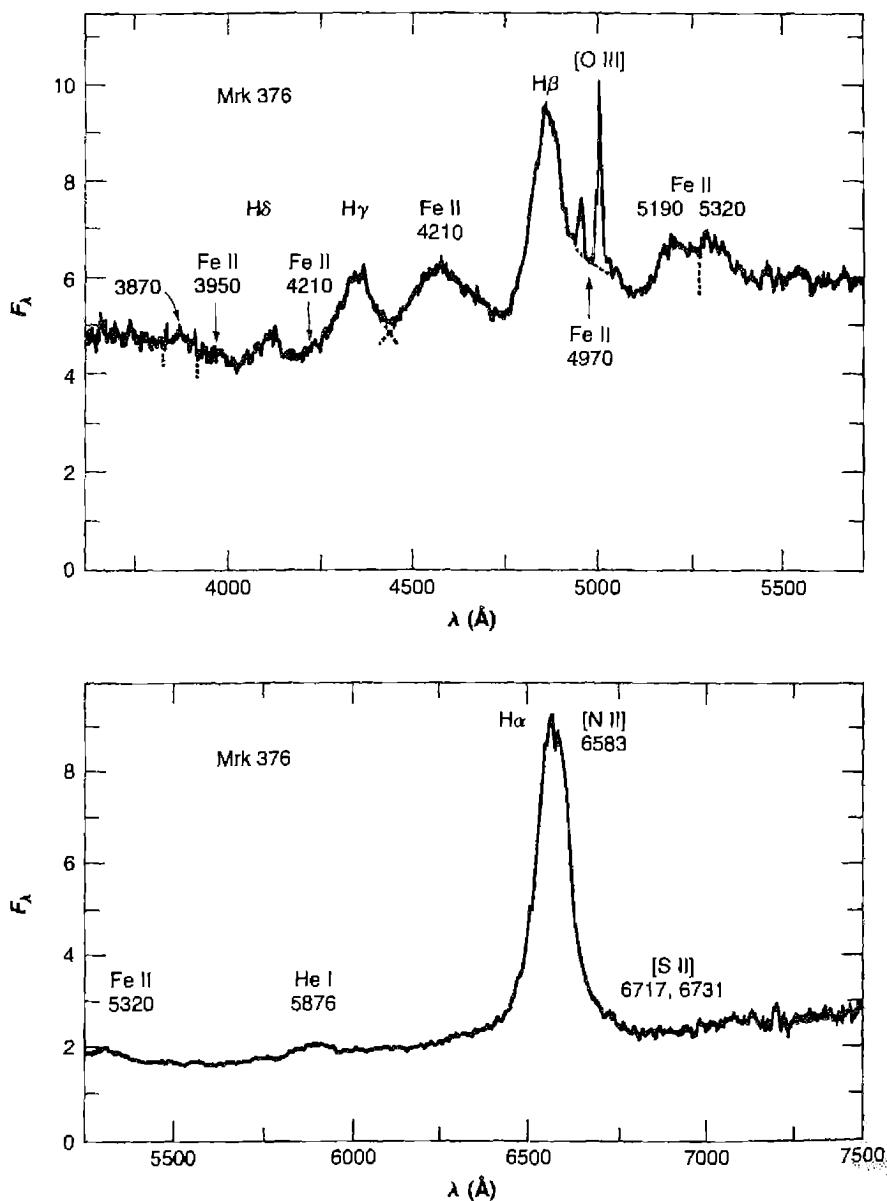 Figure 14.6. Spectral scans of Mrk 376, a Seyfert 1 galaxy with strong, broad Fe II and H I emission lines. Relative flux per unit frequency interval plotted versus wavelength in the rest system of the object.