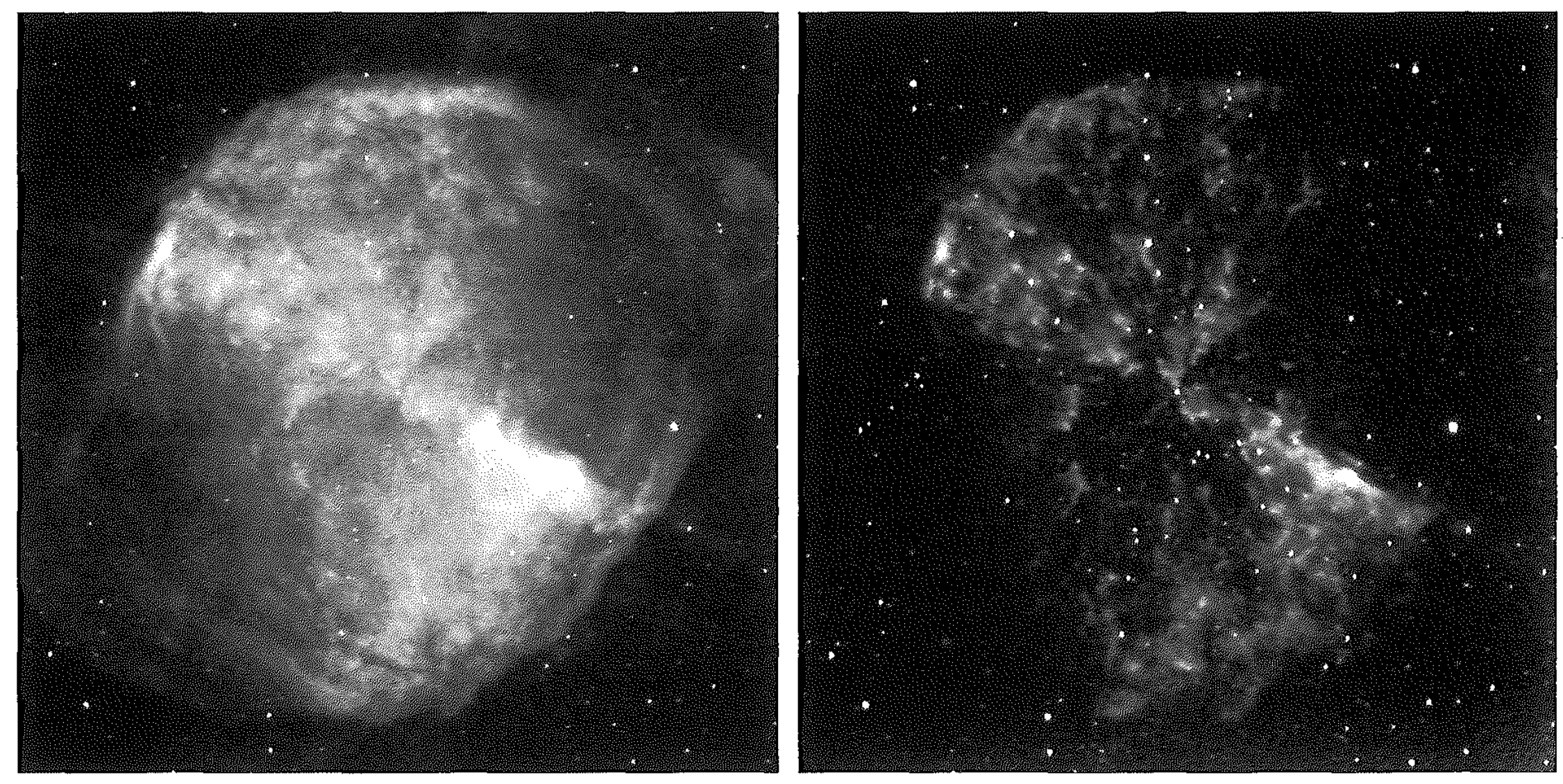 Figure 2.7. Monochromatic images of the planetary nebula NGC 6853 in the light of Hα + [N\ II] (left) and in the light of [O\ I]\ λ 6300 (right). Note that, in contrast with Hα , the [O\ I] emission is strongly concentrated to many bright spots, which are high-density neutral condensations (surrounded by partly ionized edges in which both O^0 and free electrons are present). (George Jacoby/WIYN/NSF)