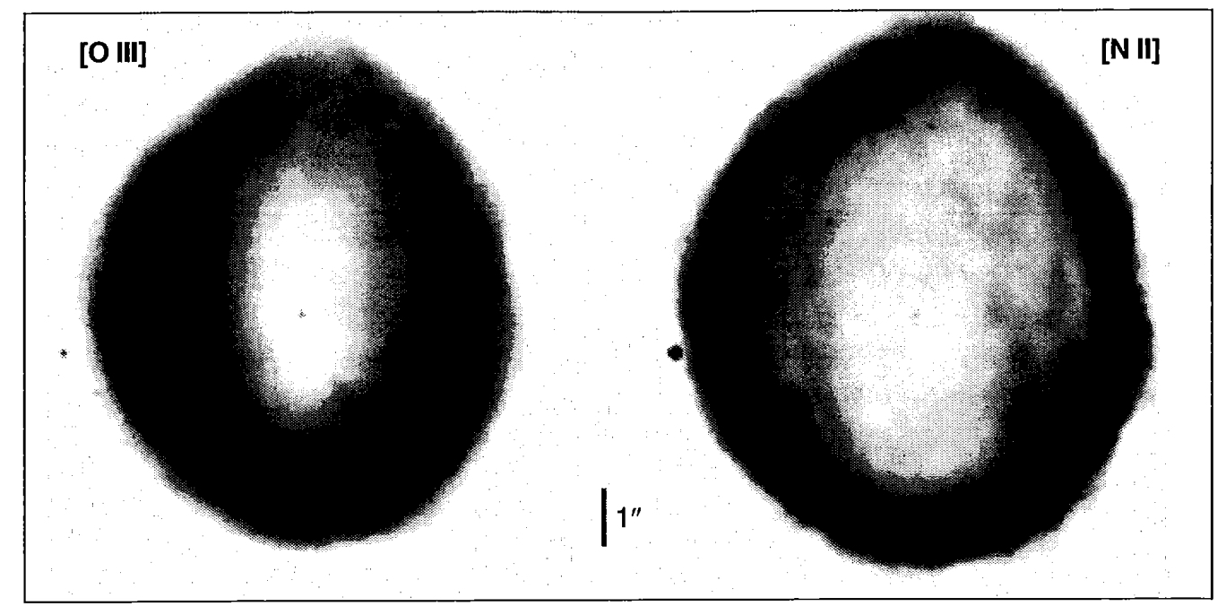 Figure 5.18. HST images of NGC 6565 in [O III] (left) and [N II] (right). The vertical bar indicates 1".