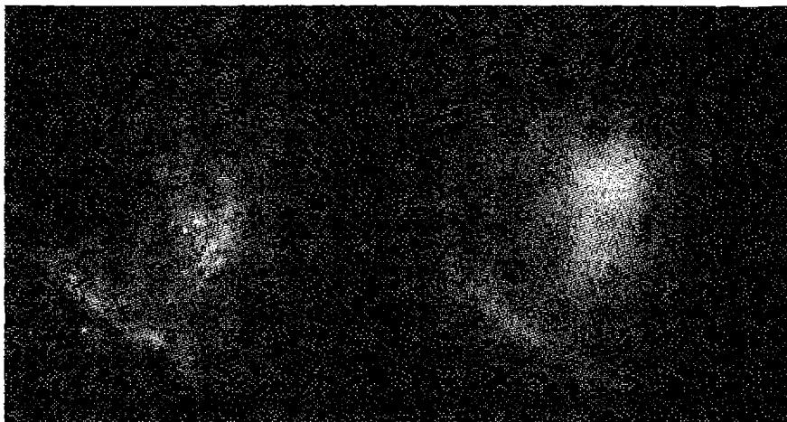 Figure 7.6. Inner regions of NGC 1976 in the light of Hα + [N II] (left), which detects ionized gas, and in the continuum near 37 \mum , which detects warm dust. The Becklin-Neugebauer object and Kleinmann-Low nebula is the brightest region in the infrared.