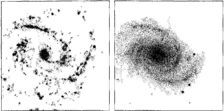 Figure 9.1. NGC 4321, a nearly face-on spiral galaxy. The left image, taken using a filter centered on Hα and [N II] , emphasizes H II regions. The right image was taken with a red continuum filter to suppress the emission nebulae. Note how the H II regions lie along the spiral arms in the image at left.
