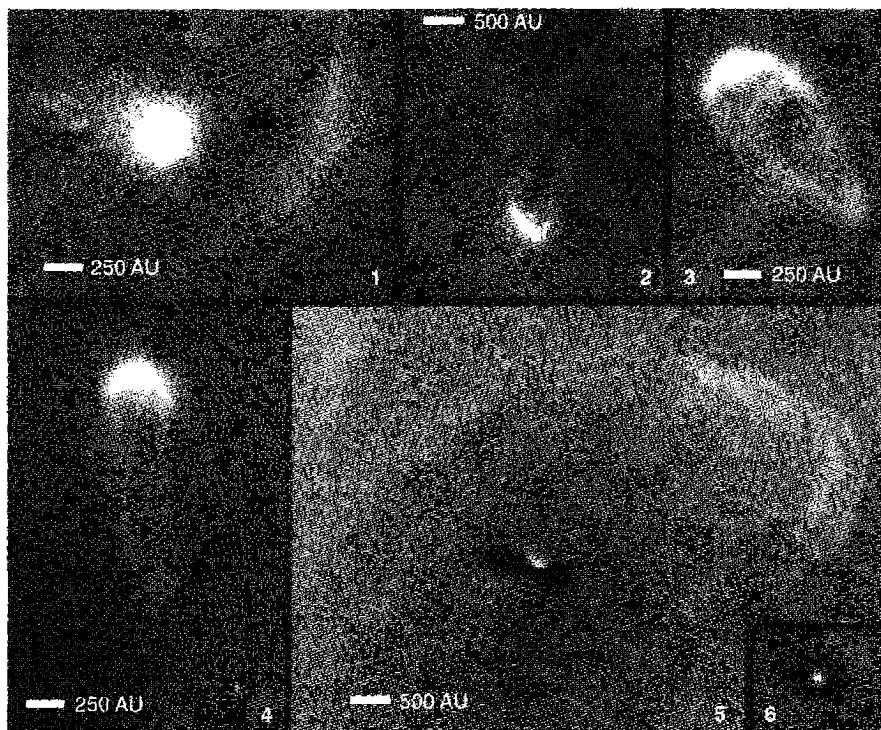 Figure 9.7. Stars in HII regions. Proto-planetary disks around newly forming stars near the Orion H II region. Image 6 is 750 AU across. (NASA; STScI; C. R. O'Dell)